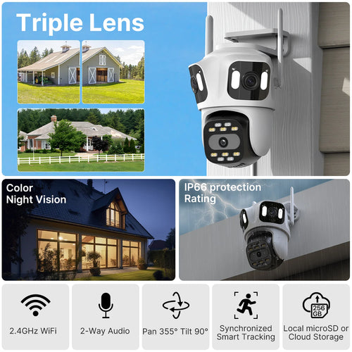 SecureCam Pro 360°- Camara de seguridad Exterior Multi-Lente Ultra HD
